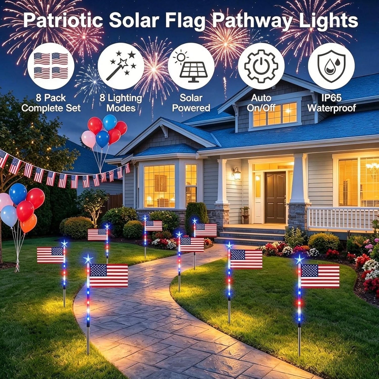 Solar American Flag Light Set, 8 Pack American Flags Pole Pathway Lights, Patriotic Waterproof LED Outdoor Yard Garden with 8 Lighting Modes for 4Th of July Decoration (Flag Lights 1 Set)