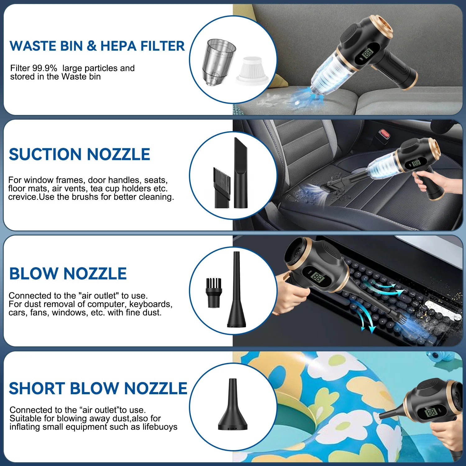 Powerful 2-In-1 Air Duster & Vacuum, Handheld Cordless Cleaner with Digital Display for Electronics Car Home Office