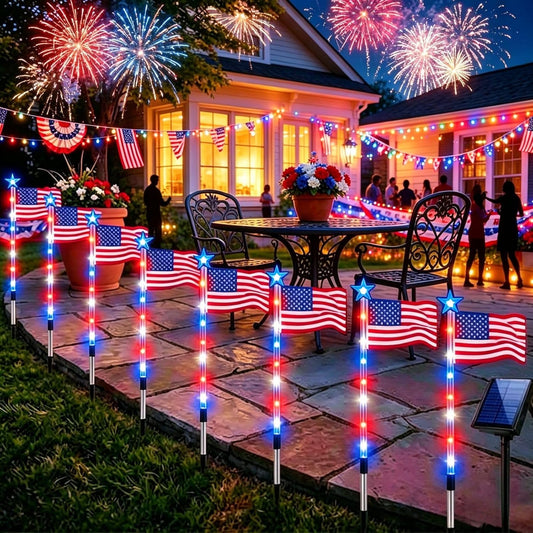 Solar American Flag Light Set, 8 Pack American Flags Pole Pathway Lights, Patriotic Waterproof LED Outdoor Yard Garden with 8 Lighting Modes for 4Th of July Decoration (Flag Lights 1 Set)