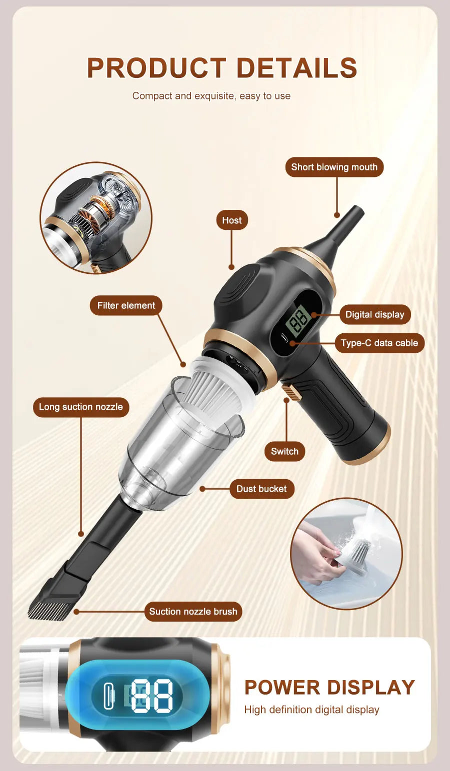 Powerful 2-In-1 Air Duster & Vacuum, Handheld Cordless Cleaner with Digital Display for Electronics Car Home Office
